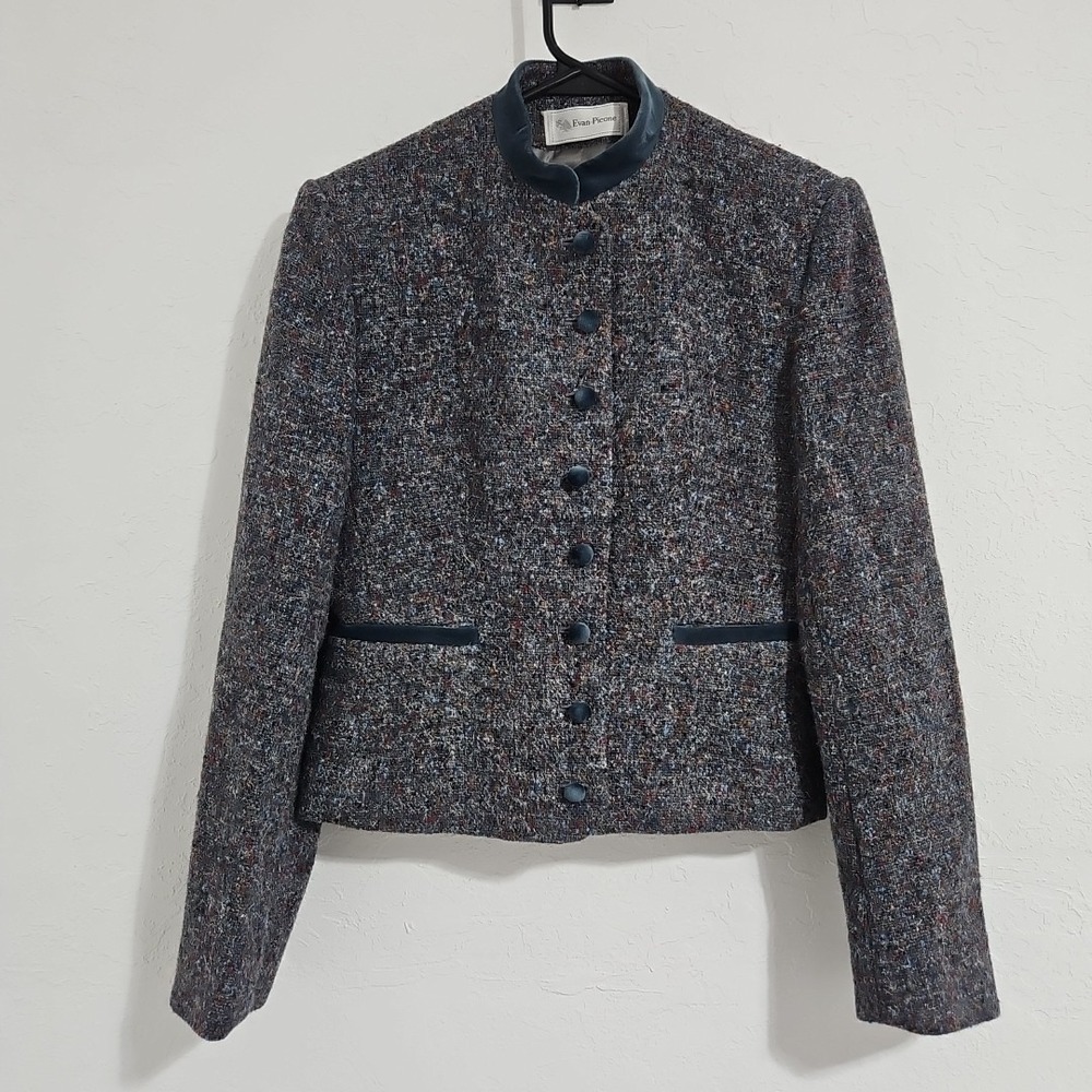 Vintage EVAN PICONE Womens Tweed Blazer Sz 8 Navy Button Down Velvet Union Made